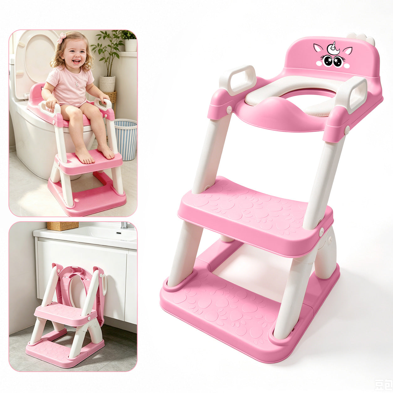 UNCLE WU Potty Training Seat with Ladder for Toddler Girls, Pink Unicorn Soft PU seat, splash guard, anti-slip ladder, 6 heights, ages 1-5, 224 stickers, 11 charts & toy