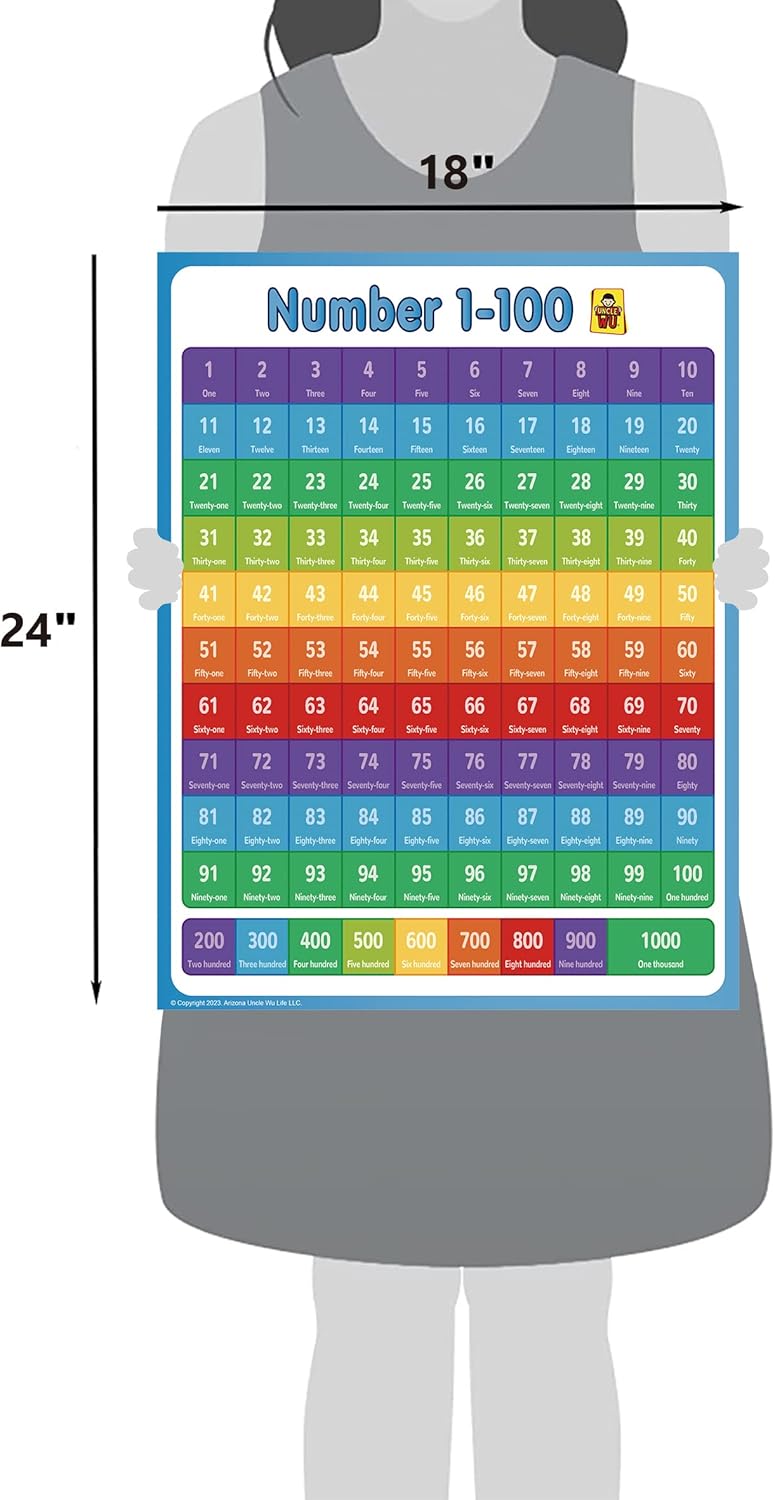 UNCLE WU Educational Number Lines -Large 1-1000 Number Chart for Kids - Counting to 100 Math For Little Ones (18 x 24 inch)