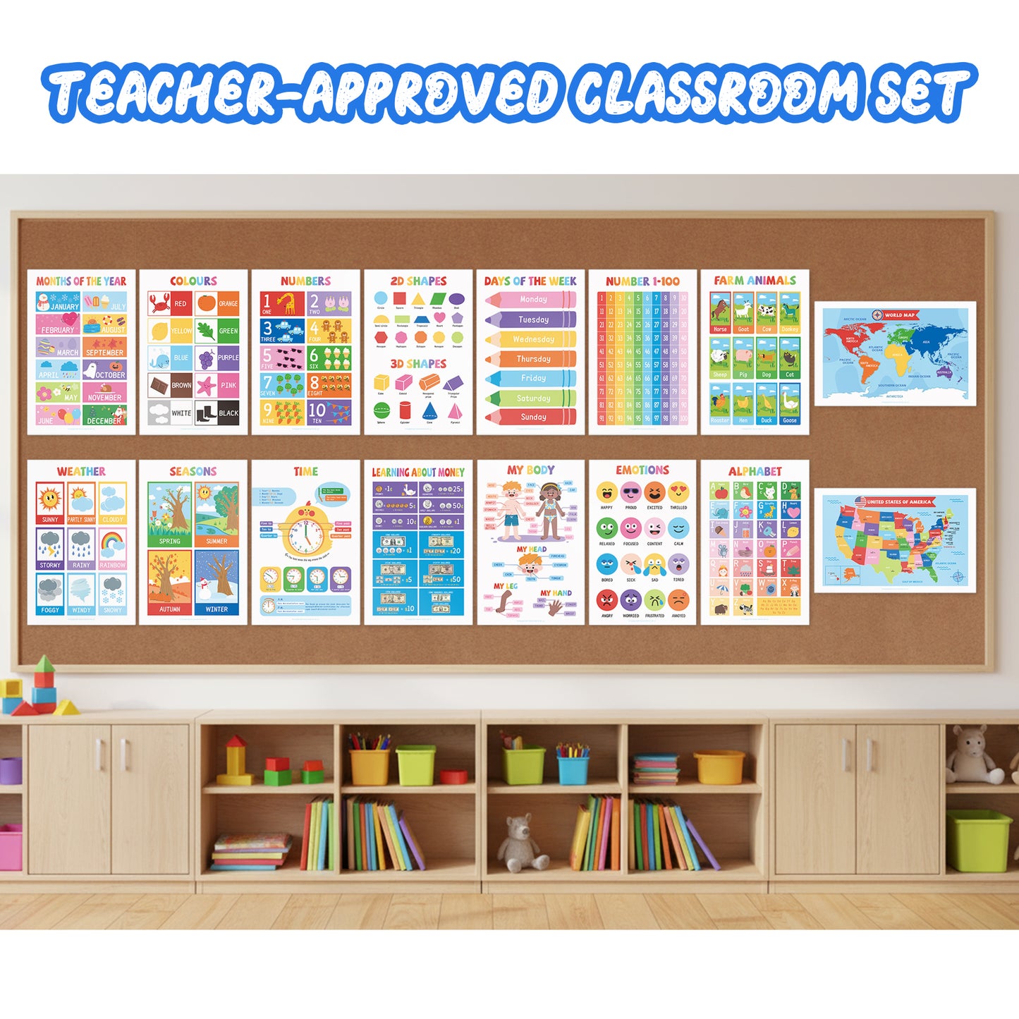 UNCLE WU 16 Laminated Educational Posters for Ages 2-6, Preschool Classroom learning charts cover ABC, numbers 1-100, shapes, colors, maps, homeschool, daycare, and kindergarten