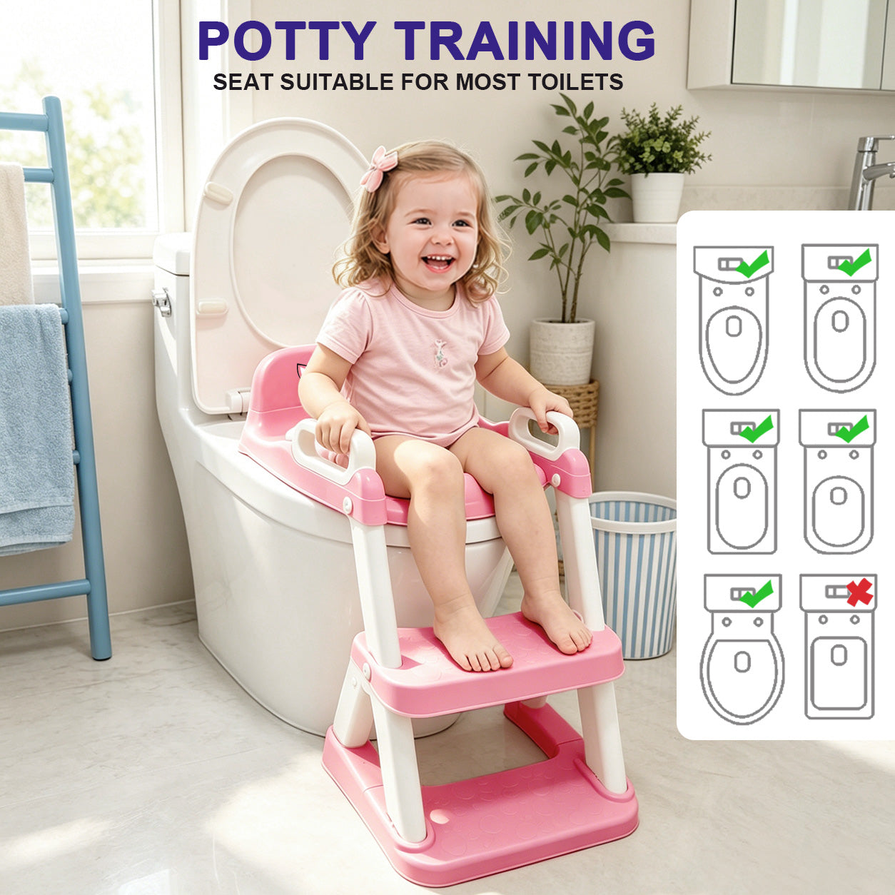 UNCLE WU Potty Training Seat with Ladder for Toddler Girls, Pink Unicorn Soft PU seat, splash guard, anti-slip ladder, 6 heights, ages 1-5, 224 stickers, 11 charts & toy