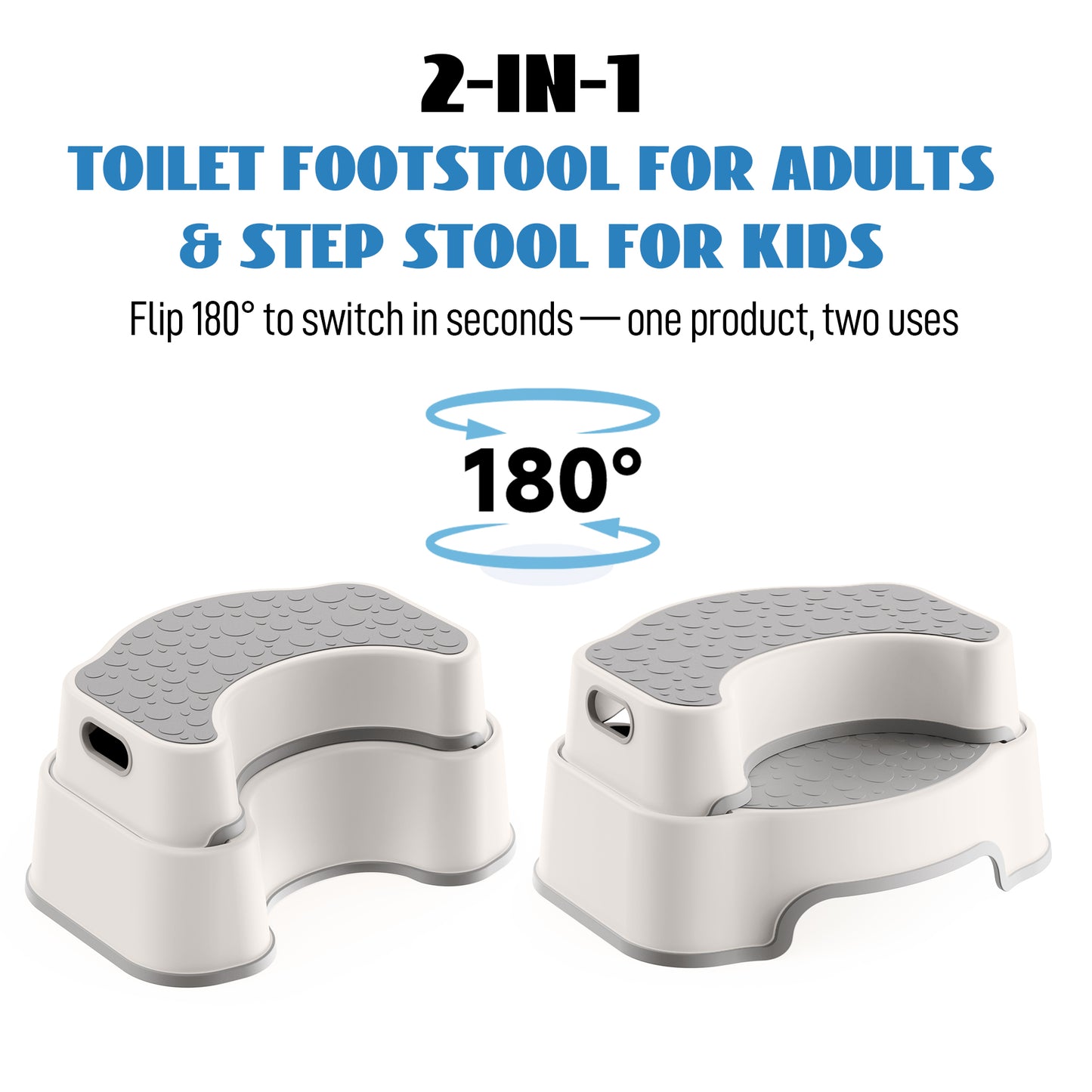 2-in-1 Adjustable Toilet Stool for Adults, Bathroom Foot Rest 4.7 or 8.2 inch setup, TPR non-slip surface, and 300 lb support for family, kids, guest bath, and potty training