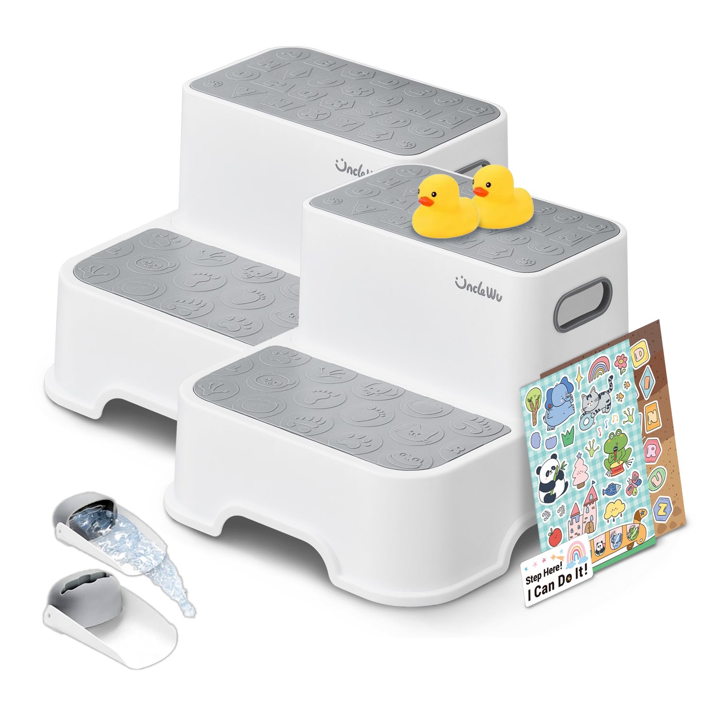 ÜNCLE WU 2 Pack Step Stool for Toddlers & Adults – Non-Slip Plastic Stool for Bathroom Sink, Potty Training,Kitchen & Toilet (Includes 2 Faucets, 2 Ducks, 3 Stickers)