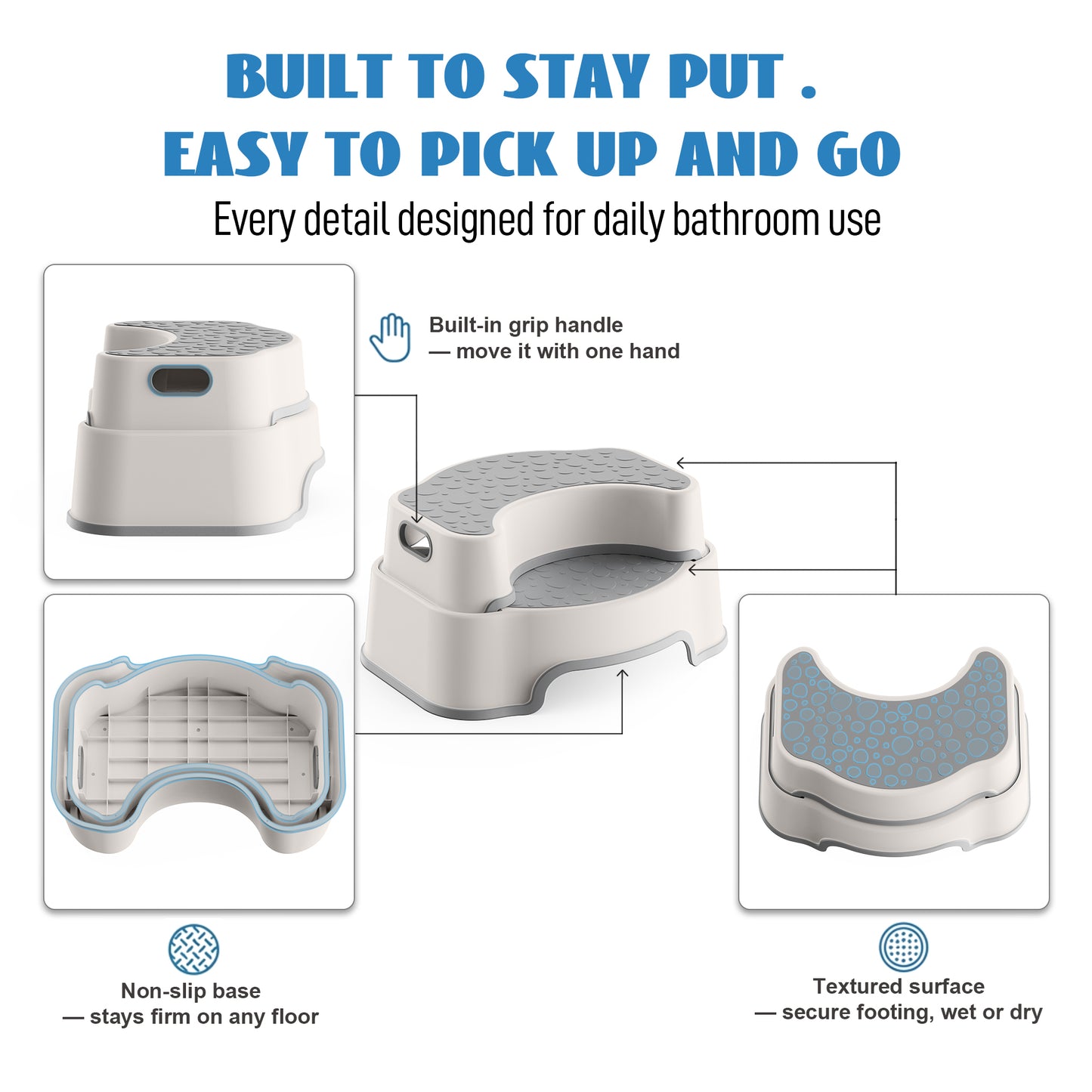 2-in-1 Adjustable Toilet Stool for Adults, Bathroom Foot Rest 4.7 or 8.2 inch setup, TPR non-slip surface, and 300 lb support for family, kids, guest bath, and potty training