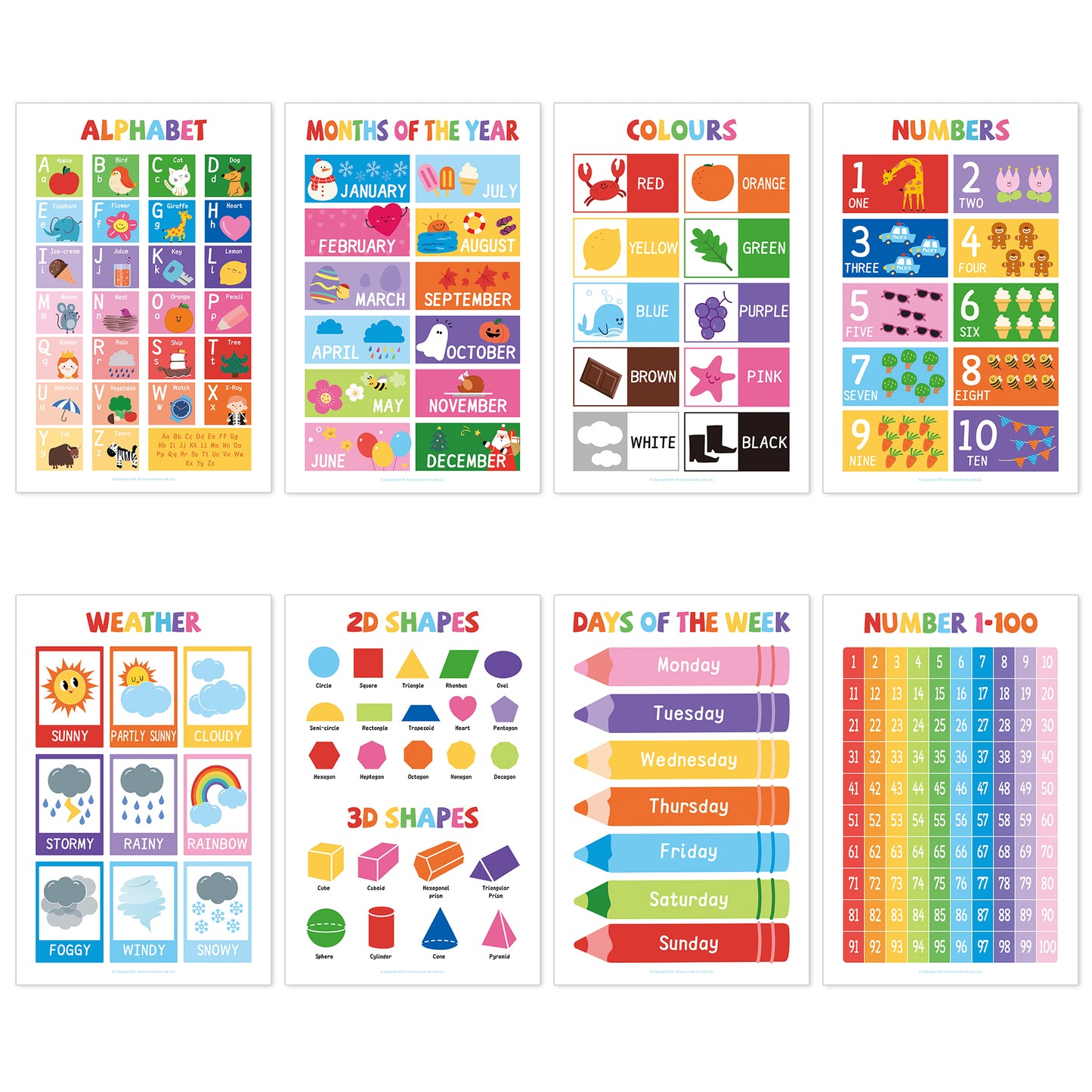 UNCLE WU 16 Laminated Educational Posters for Ages 2-6, Preschool Classroom learning charts cover ABC, numbers 1-100, shapes, colors, maps, homeschool, daycare, and kindergarten