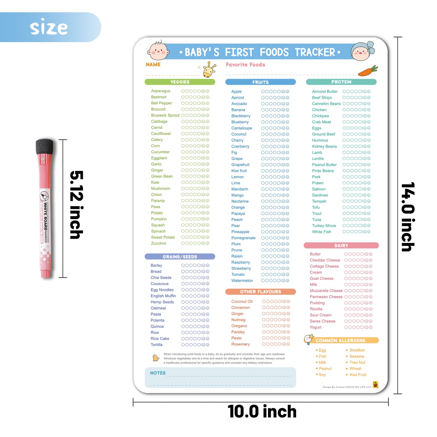 Baby First Foods Tracker Fridge Magnet, Dry Erase Feeding Chart Baby led weaning log for starting solids. Track 100 plus foods and allergens. Includes 2 markers, 10 x 14 inches