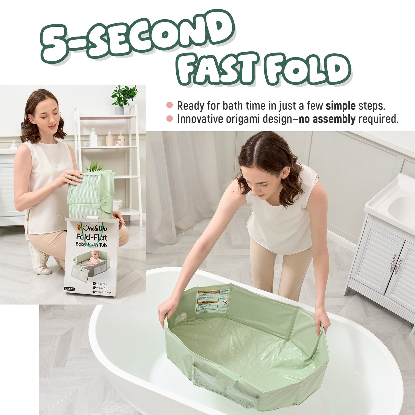 UNCLE WU Collapsible Baby Bathtub for 6M-3Y, Portable Toddler Travel Tub Folds flat for easy storage and turns a shower into a toddler tub; non-slip base and quick drain for small bathrooms