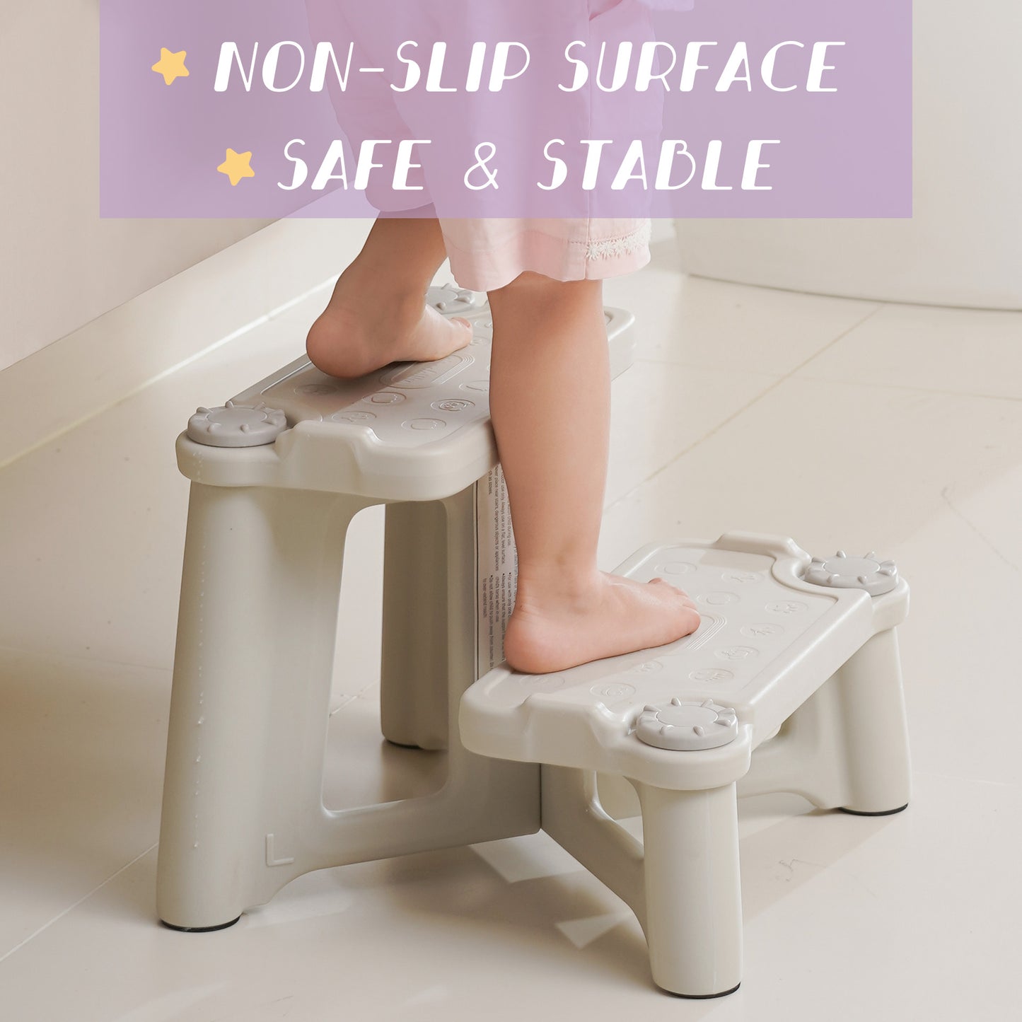 ÜNCLE WU Kids Step Stool, Dual Height Toddler Stool for Bathroom, Non-Slip Potty Training Step, Child Foot Stool, Holds 200 lbs (Gray White)