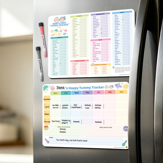 Baby Food Tracker Fridge Magnet 2 Pack, 101 Foods Before 1 Chart Dry erase weekly meal planner for baby led weaning and starting solids. Includes 2 markers, wipes clean, 10 x 14 inches