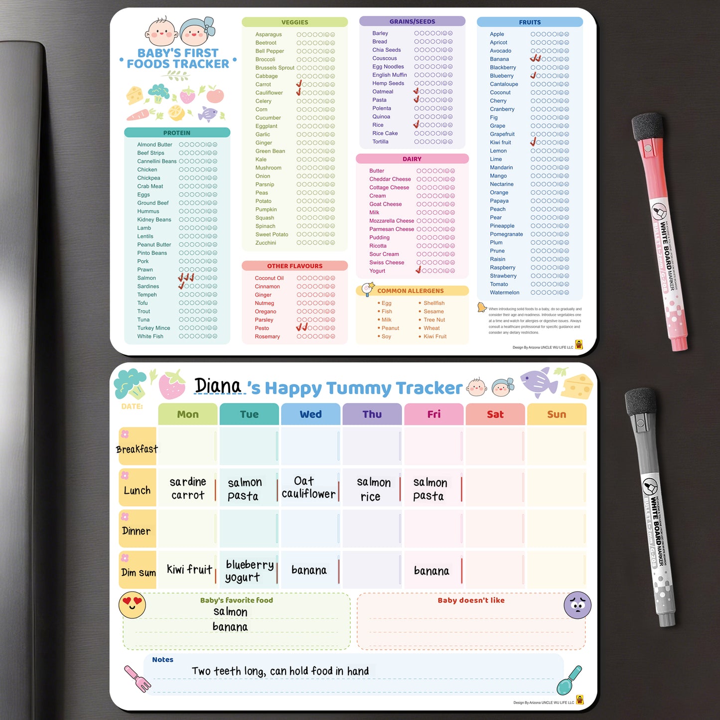 Baby Food Tracker Fridge Magnet 2 Pack, 101 Foods Before 1 Chart Dry erase weekly meal planner for baby led weaning and starting solids. Includes 2 markers, wipes clean, 10 x 14 inches