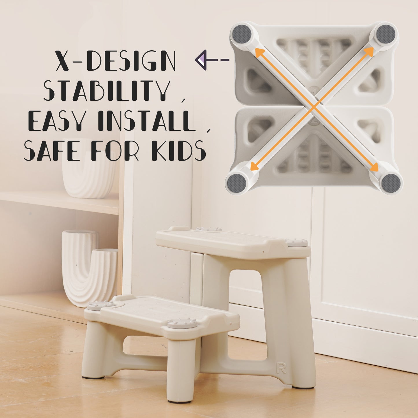 ÜNCLE WU Kids Step Stool, Dual Height Toddler Stool for Bathroom, Non-Slip Potty Training Step, Child Foot Stool, Holds 200 lbs (Gray White)