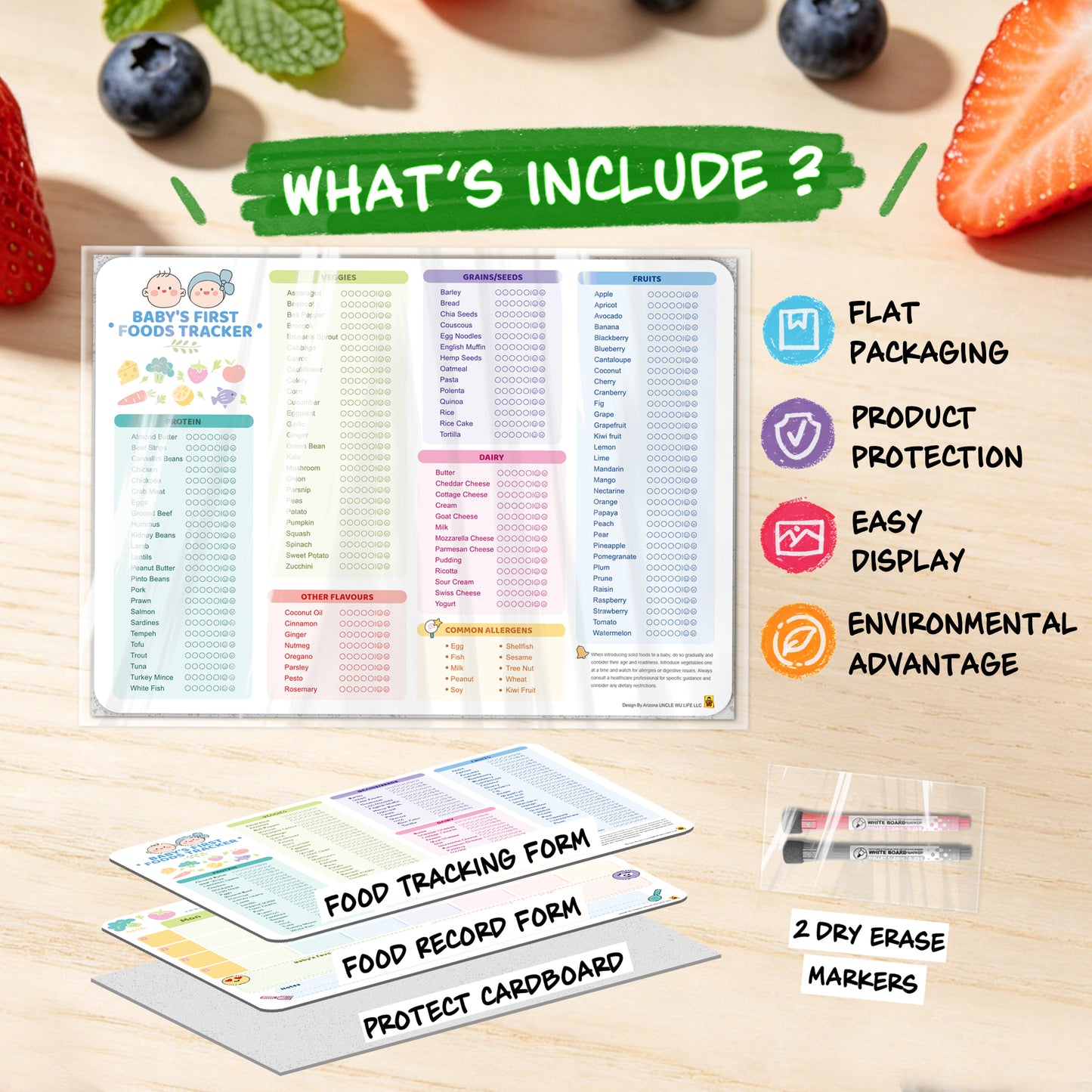Baby Food Tracker Fridge Magnet 2 Pack, 101 Foods Before 1 Chart Dry erase weekly meal planner for baby led weaning and starting solids. Includes 2 markers, wipes clean, 10 x 14 inches