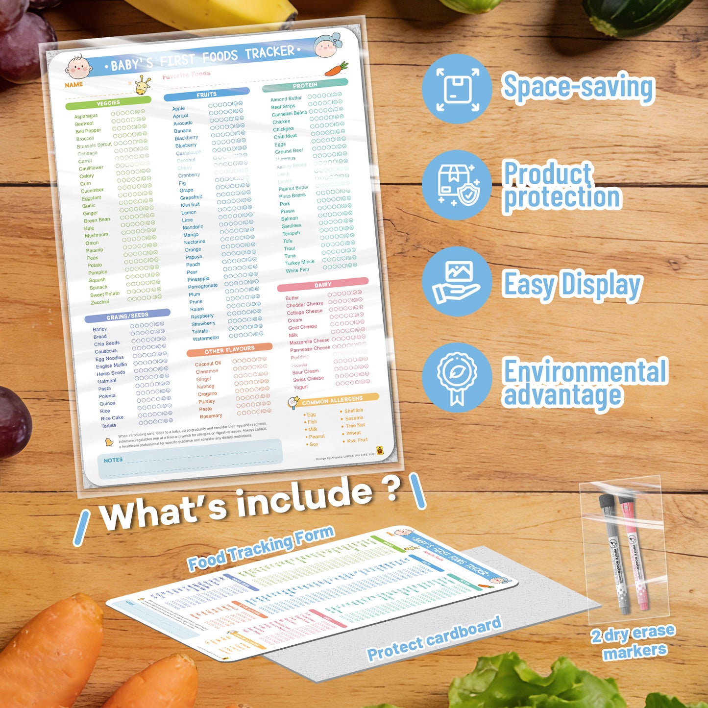Baby First Foods Tracker Fridge Magnet, Dry Erase Feeding Chart Baby led weaning log for starting solids. Track 100 plus foods and allergens. Includes 2 markers, 10 x 14 inches