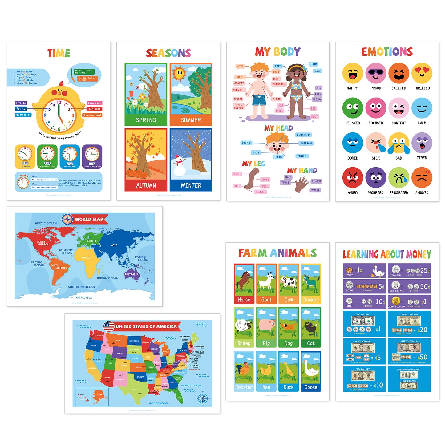 UNCLE WU 16 Laminated Educational Posters for Ages 2-6, Preschool Classroom learning charts cover ABC, numbers 1-100, shapes, colors, maps, homeschool, daycare, and kindergarten