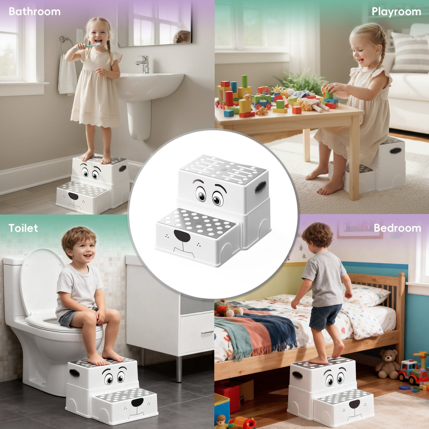 2-Step Kids Stool with Adorable Puppy Face – Anti-Slip Potty Training Stool for Bathroom Sink, Toilet & Kitchen, Adjustable Height, Lightweight, Includes 2 Duck Toys