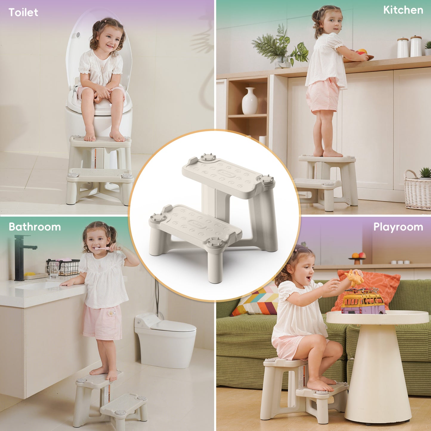 ÜNCLE WU Kids Step Stool, Dual Height Toddler Stool for Bathroom, Non-Slip Potty Training Step, Child Foot Stool, Holds 200 lbs (Gray White)