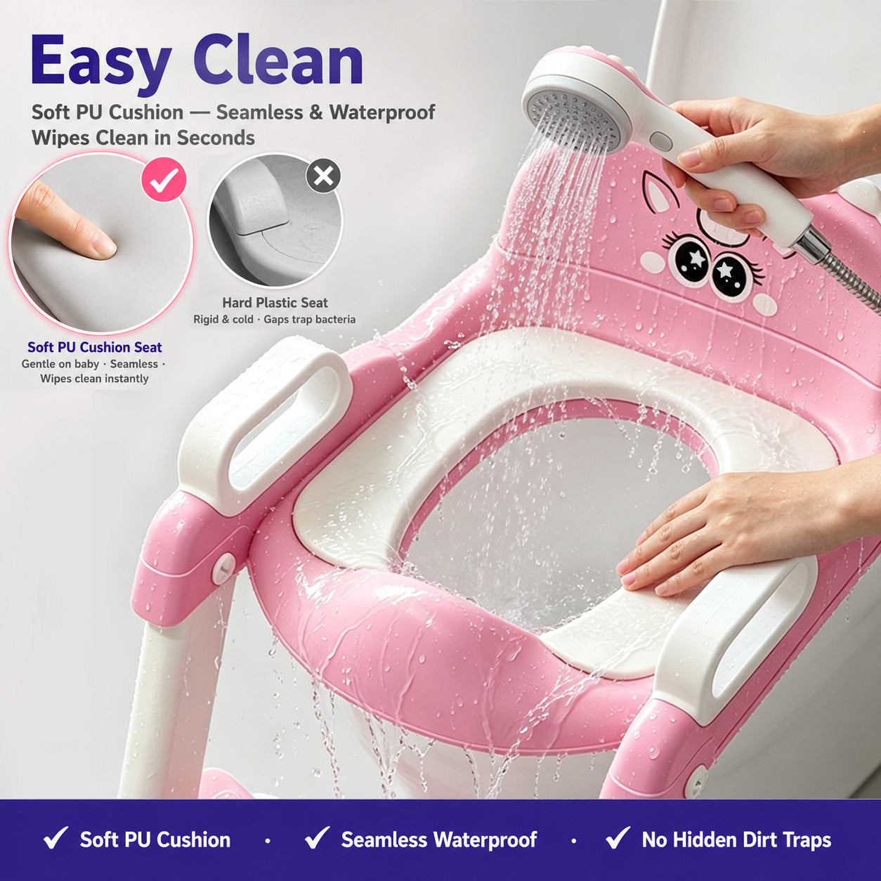 UNCLE WU Potty Training Seat with Ladder for Toddler Girls, Pink Unicorn Soft PU seat, splash guard, anti-slip ladder, 6 heights, ages 1-5, 224 stickers, 11 charts & toy