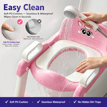 UNCLE WU Potty Training Seat with Ladder for Toddler Girls, Pink Unicorn Soft PU seat, splash guard, anti-slip ladder, 6 heights, ages 1-5, 224 stickers, 11 charts & toy