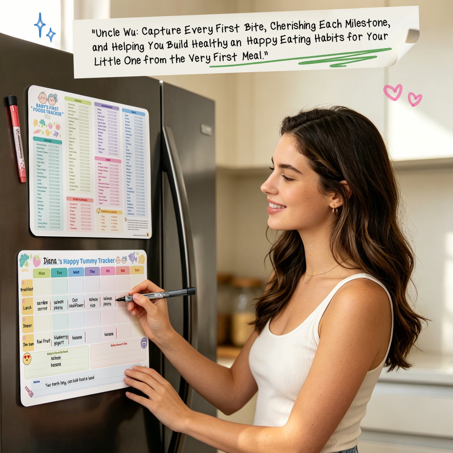 Baby Food Tracker Fridge Magnet 2 Pack, 101 Foods Before 1 Chart Dry erase weekly meal planner for baby led weaning and starting solids. Includes 2 markers, wipes clean, 10 x 14 inches
