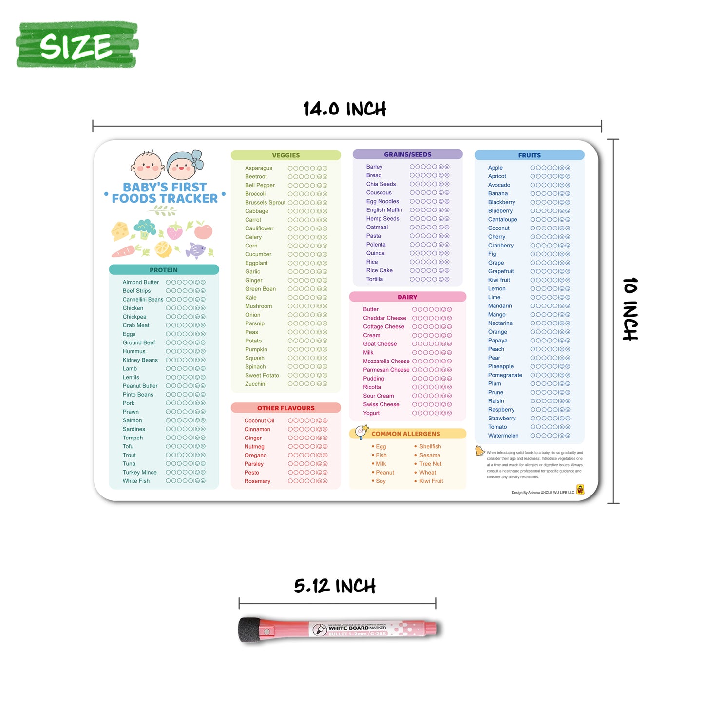 Baby Food Tracker Fridge Magnet 2 Pack, 101 Foods Before 1 Chart Dry erase weekly meal planner for baby led weaning and starting solids. Includes 2 markers, wipes clean, 10 x 14 inches