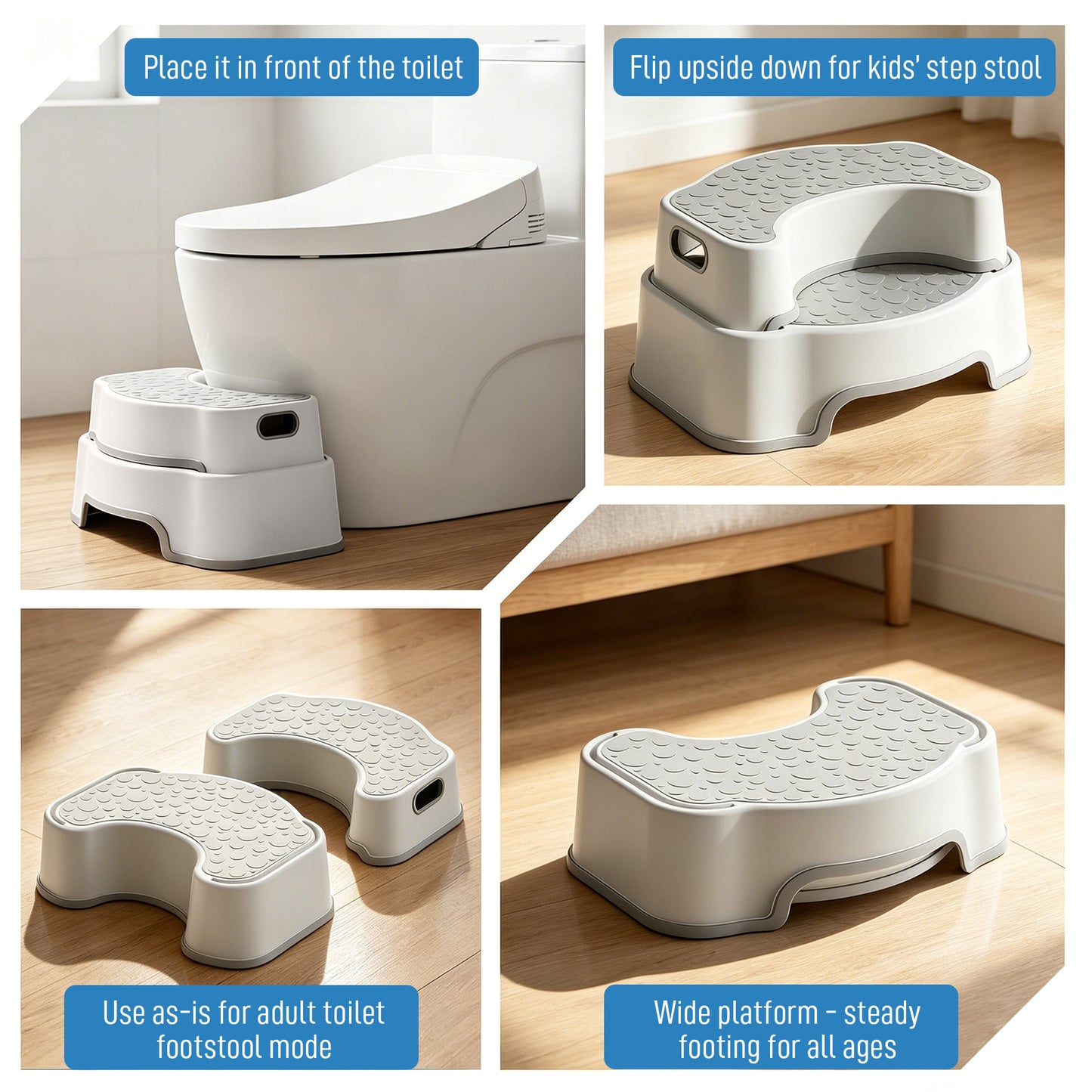 2-in-1 Adjustable Toilet Stool for Adults, Bathroom Foot Rest 4.7 or 8.2 inch setup, TPR non-slip surface, and 300 lb support for family, kids, guest bath, and potty training
