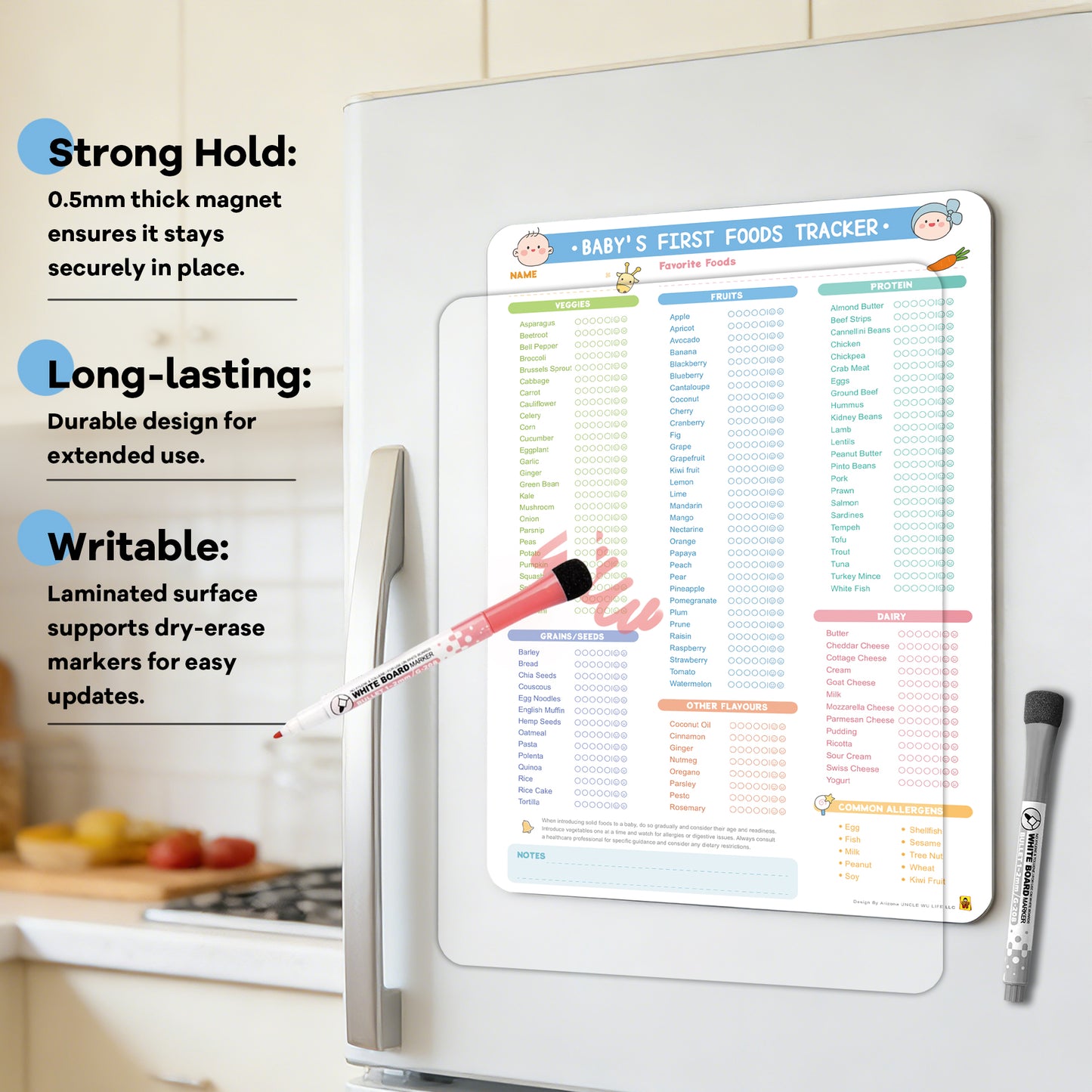 Baby First Foods Tracker Fridge Magnet, Dry Erase Feeding Chart Baby led weaning log for starting solids. Track 100 plus foods and allergens. Includes 2 markers, 10 x 14 inches