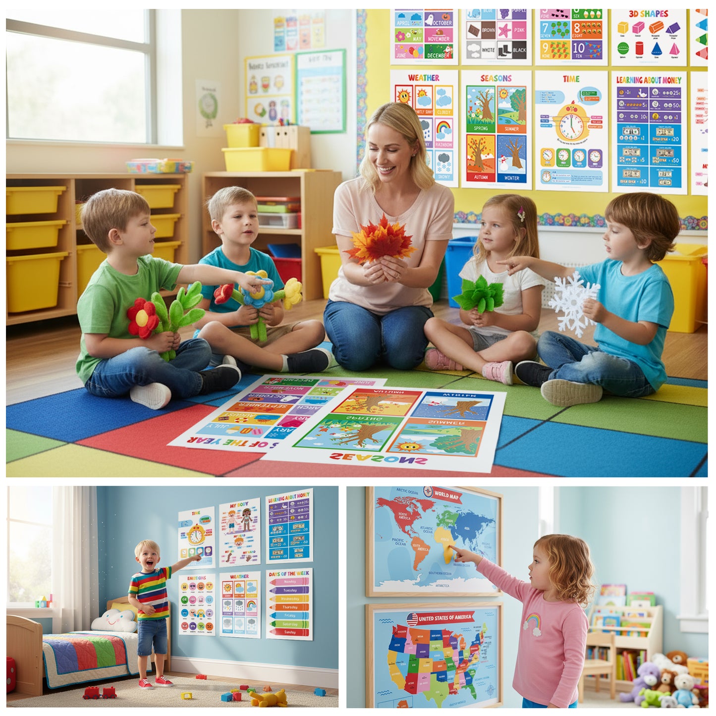 UNCLE WU 16 Laminated Educational Posters for Ages 2-6, Preschool Classroom learning charts cover ABC, numbers 1-100, shapes, colors, maps, homeschool, daycare, and kindergarten