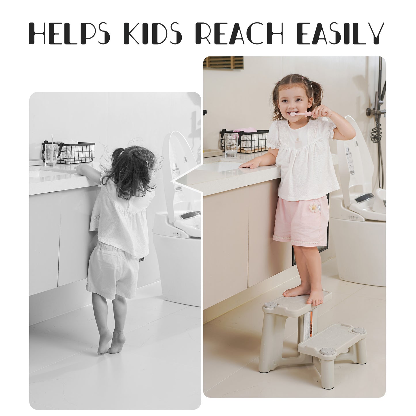 ÜNCLE WU Kids Step Stool, Dual Height Toddler Stool for Bathroom, Non-Slip Potty Training Step, Child Foot Stool, Holds 200 lbs (Gray White)