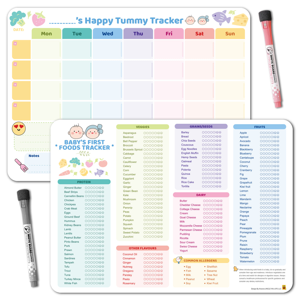 Baby Food Tracker Fridge Magnet 2 Pack, 101 Foods Before 1 Chart Dry erase weekly meal planner for baby led weaning and starting solids. Includes 2 markers, wipes clean, 10 x 14 inches