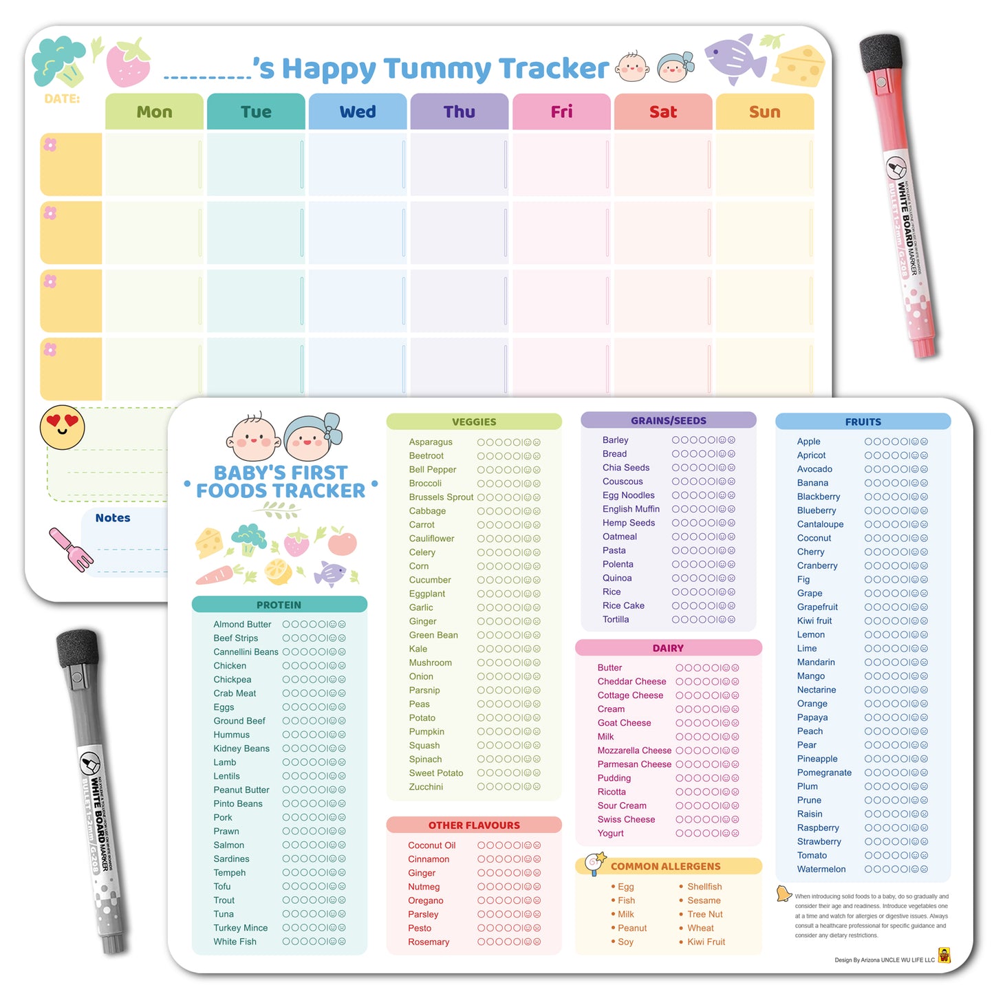 Baby Food Tracker Fridge Magnet 2 Pack, 101 Foods Before 1 Chart Dry erase weekly meal planner for baby led weaning and starting solids. Includes 2 markers, wipes clean, 10 x 14 inches