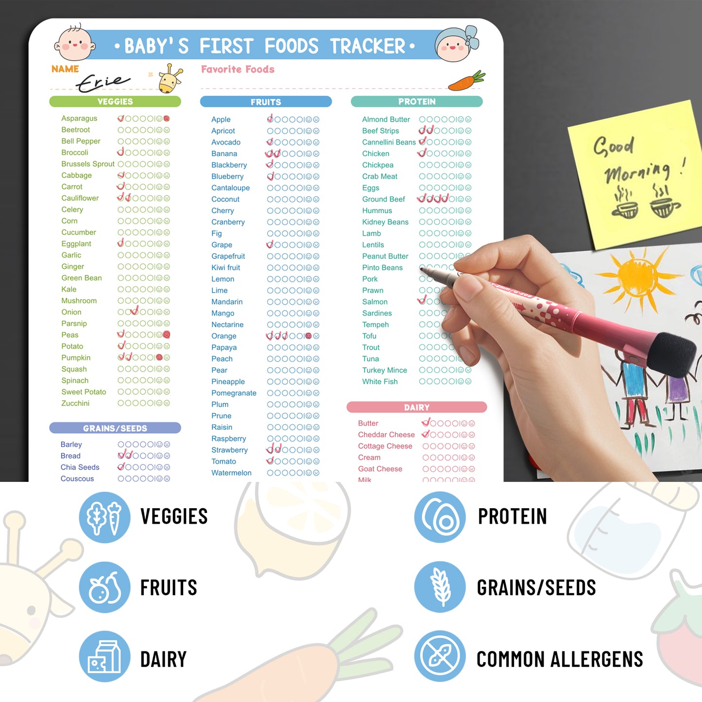 Baby First Foods Tracker Fridge Magnet, Dry Erase Feeding Chart Baby led weaning log for starting solids. Track 100 plus foods and allergens. Includes 2 markers, 10 x 14 inches