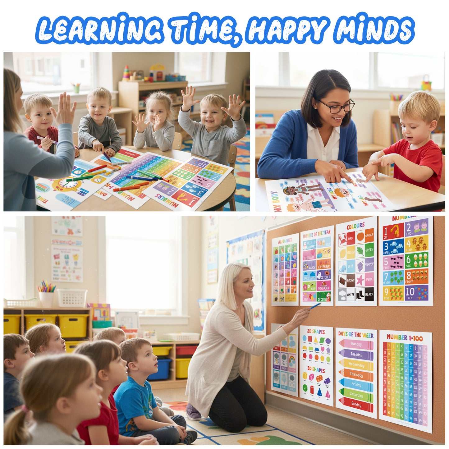 UNCLE WU 16 Laminated Educational Posters for Ages 2-6, Preschool Classroom learning charts cover ABC, numbers 1-100, shapes, colors, maps, homeschool, daycare, and kindergarten