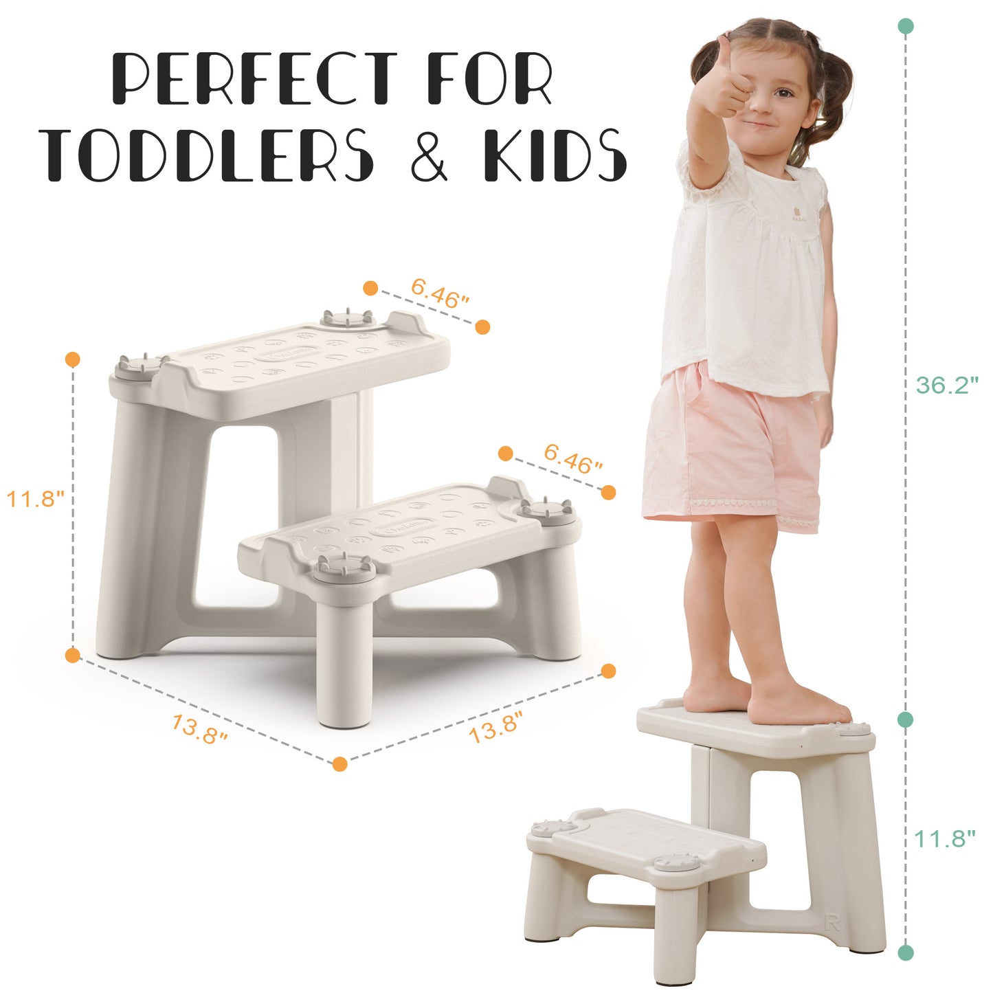 ÜNCLE WU Kids Step Stool, Dual Height Toddler Stool for Bathroom, Non-Slip Potty Training Step, Child Foot Stool, Holds 200 lbs (Gray White)