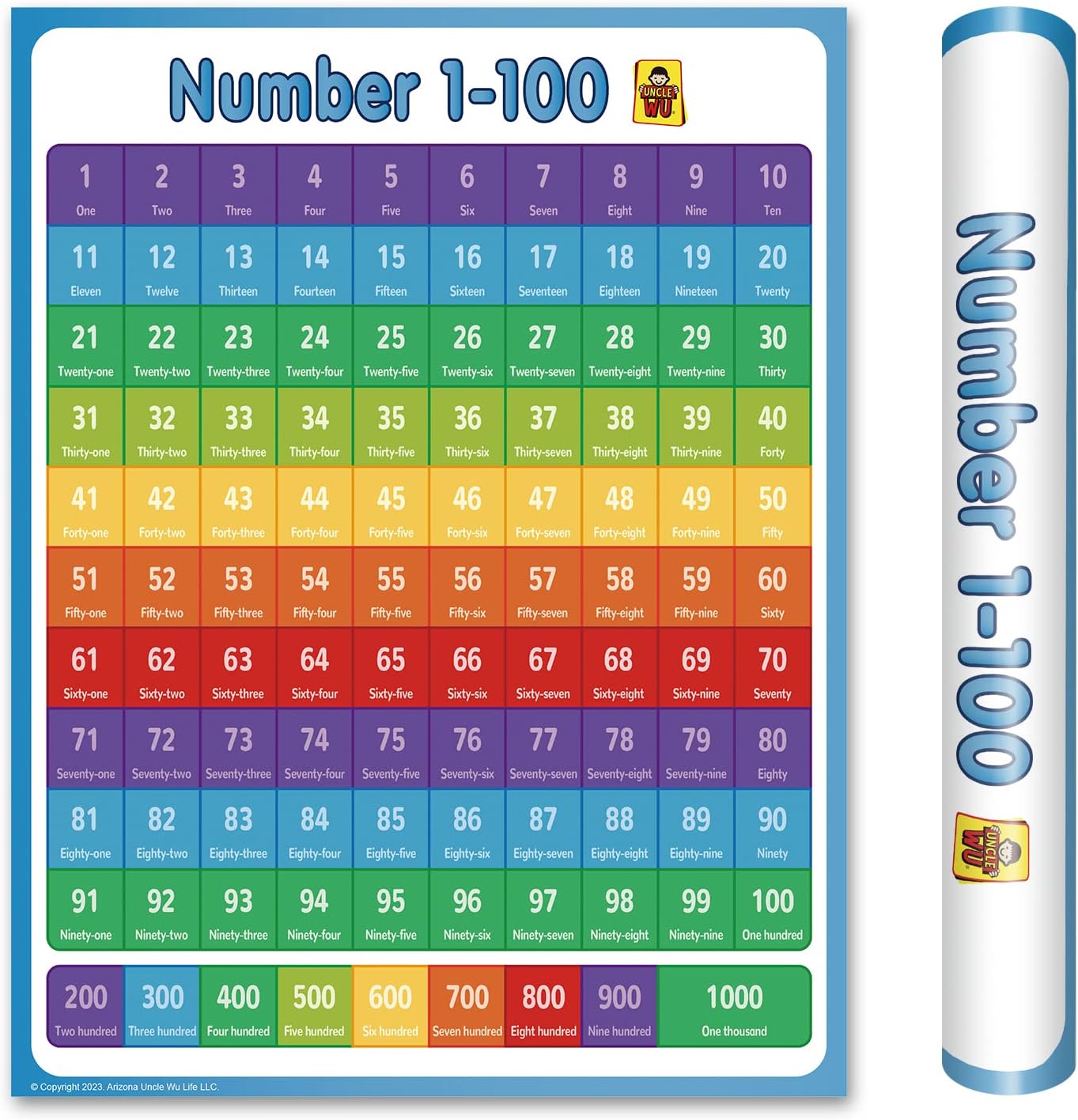 ÜNCLE WU Educational Number Lines -Large 1-1000 Number Chart for Kids - Counting to 100 Math For Little Ones (17 x 23 inch)
