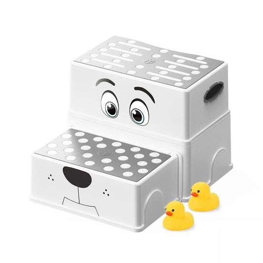 2-Step Kids Stool with Adorable Puppy Face – Anti-Slip Potty Training Stool for Bathroom Sink, Toilet & Kitchen, Adjustable Height, Lightweight, Includes 2 Duck Toys