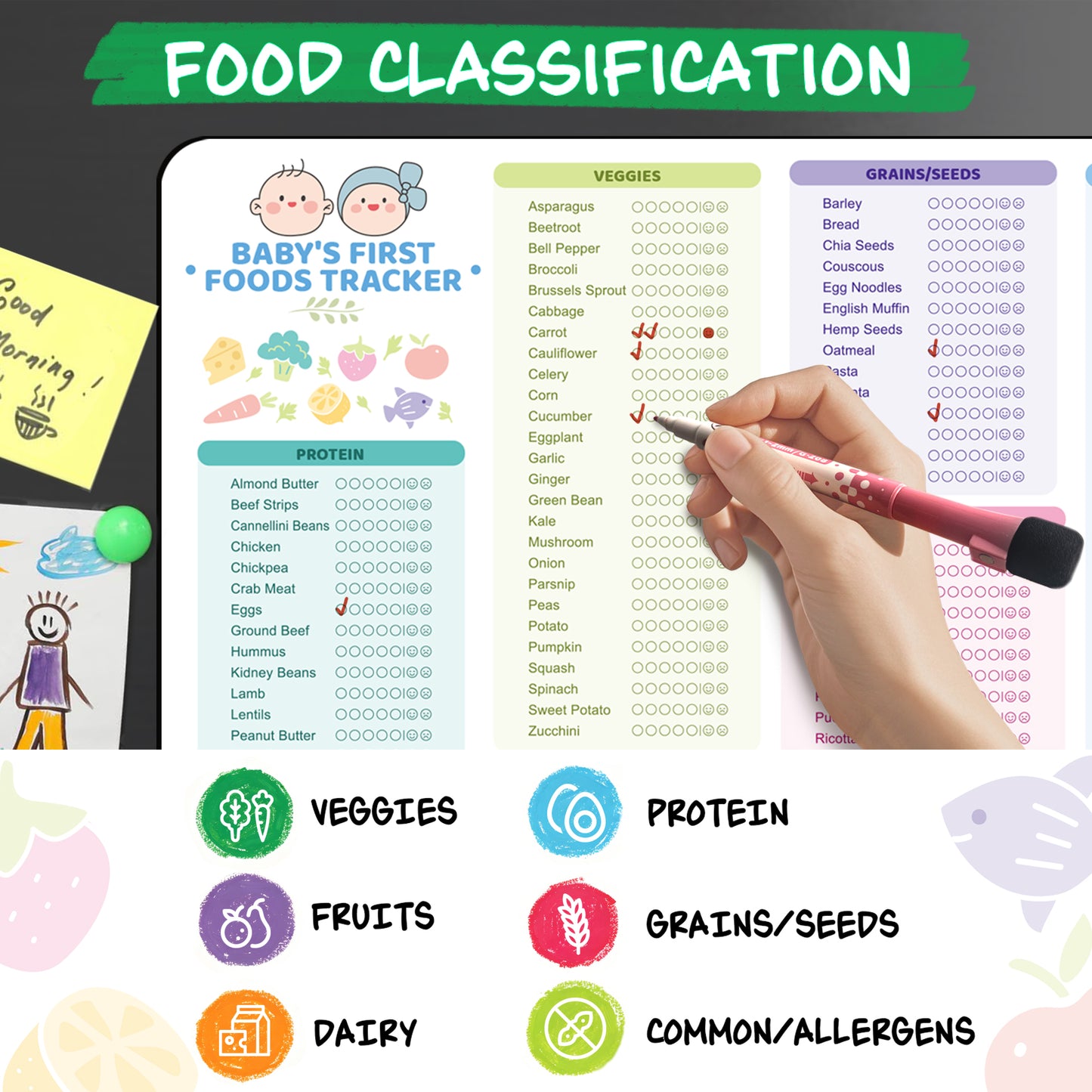 Baby Food Tracker Fridge Magnet 2 Pack, 101 Foods Before 1 Chart Dry erase weekly meal planner for baby led weaning and starting solids. Includes 2 markers, wipes clean, 10 x 14 inches