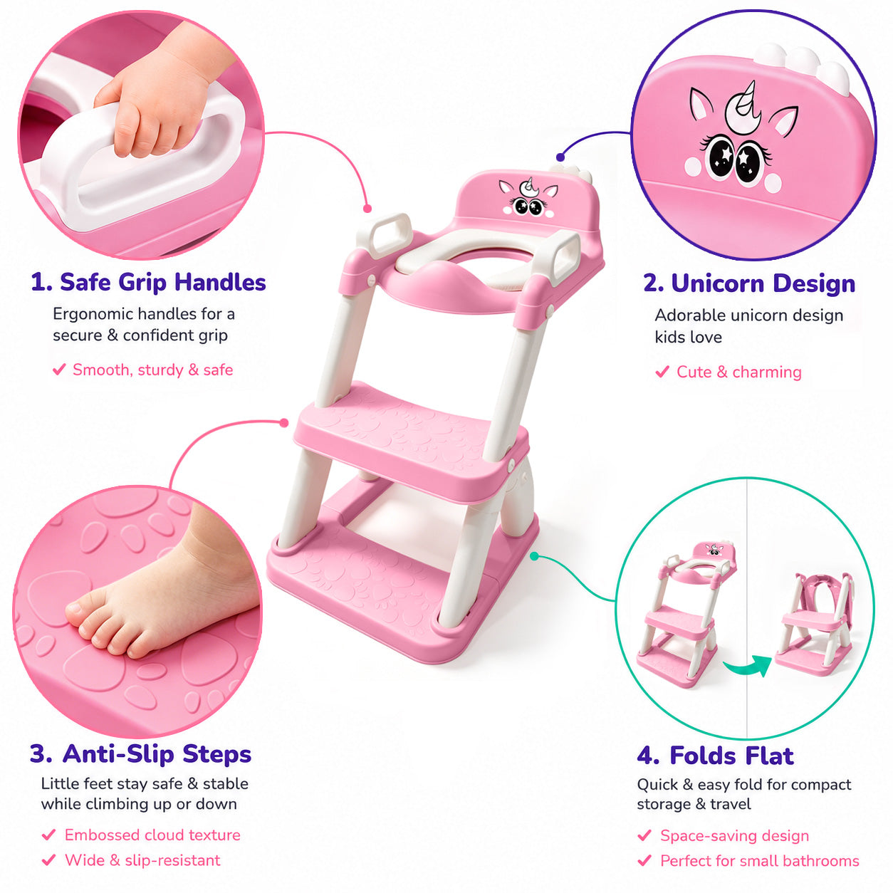 UNCLE WU Potty Training Seat with Ladder for Toddler Girls, Pink Unicorn Soft PU seat, splash guard, anti-slip ladder, 6 heights, ages 1-5, 224 stickers, 11 charts & toy