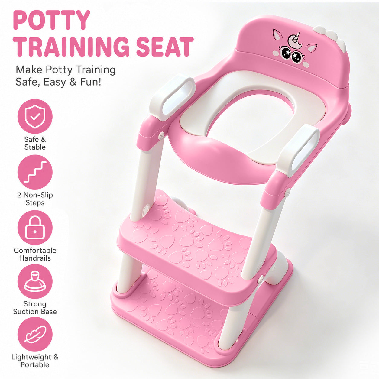 UNCLE WU Potty Training Seat with Ladder for Toddler Girls, Pink Unicorn Soft PU seat, splash guard, anti-slip ladder, 6 heights, ages 1-5, 224 stickers, 11 charts & toy