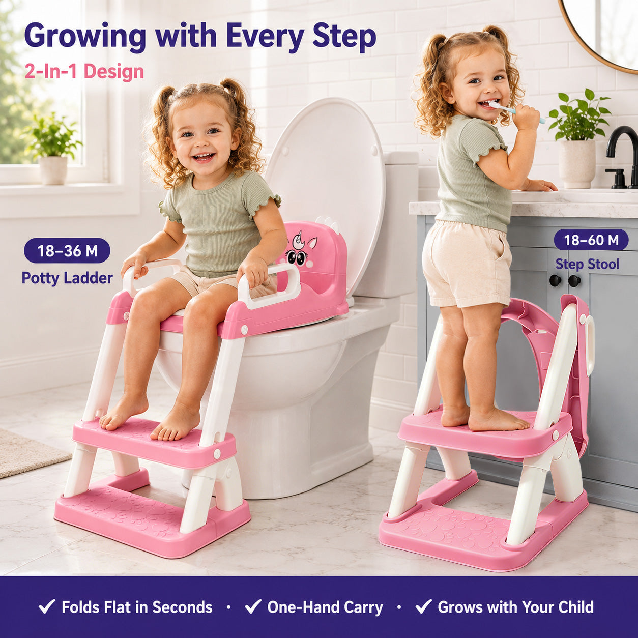 UNCLE WU Potty Training Seat with Ladder for Toddler Girls, Pink Unicorn Soft PU seat, splash guard, anti-slip ladder, 6 heights, ages 1-5, 224 stickers, 11 charts & toy