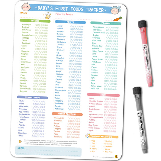 Baby First Foods Tracker Fridge Magnet, Dry Erase Feeding Chart Baby led weaning log for starting solids. Track 100 plus foods and allergens. Includes 2 markers, 10 x 14 inches
