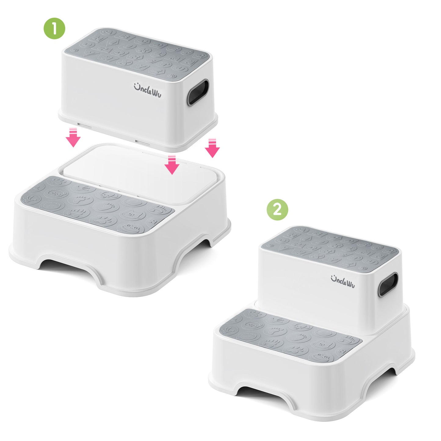 ÜNCLE WU 2 Pack Step Stool for Toddlers & Adults – Non-Slip Plastic Stool for Bathroom Sink, Potty Training,Kitchen & Toilet (Includes 2 Faucets, 2 Ducks, 3 Stickers)