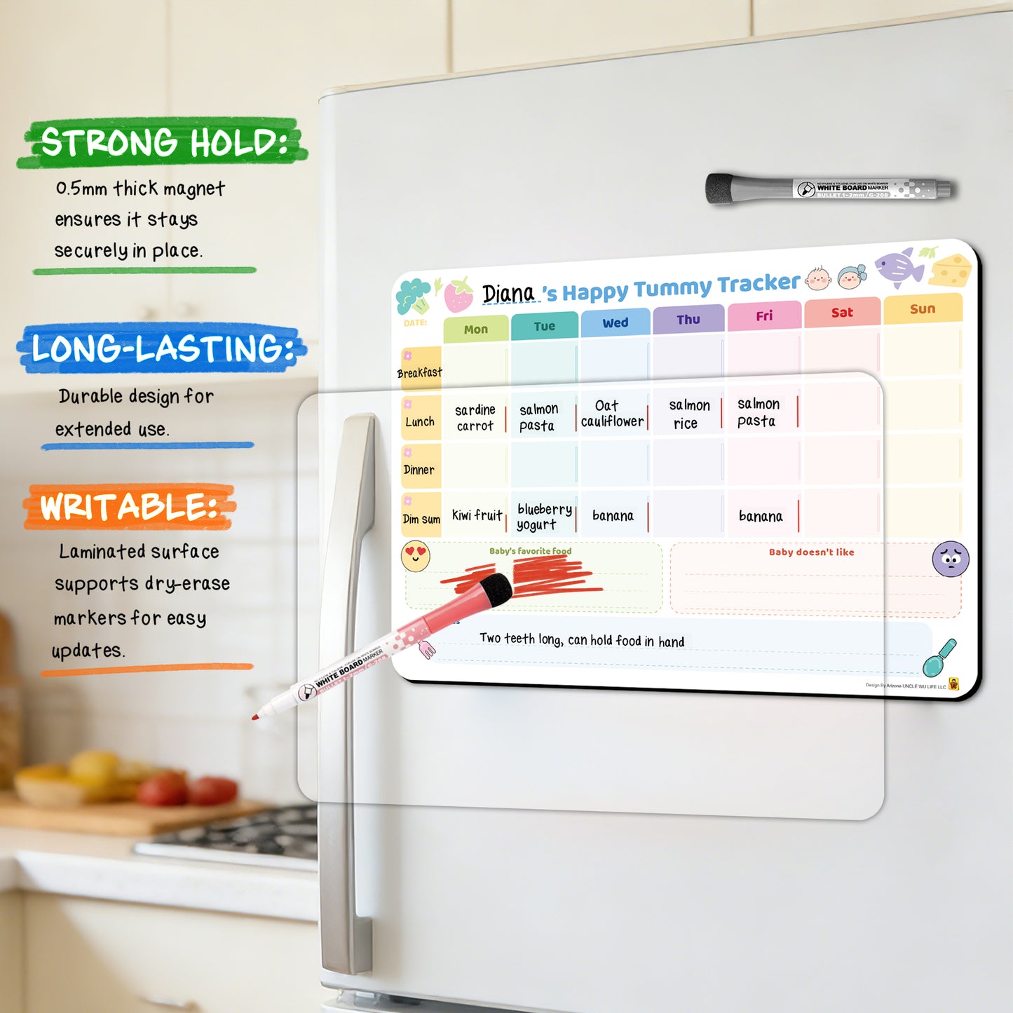 Baby Food Tracker Fridge Magnet 2 Pack, 101 Foods Before 1 Chart Dry erase weekly meal planner for baby led weaning and starting solids. Includes 2 markers, wipes clean, 10 x 14 inches