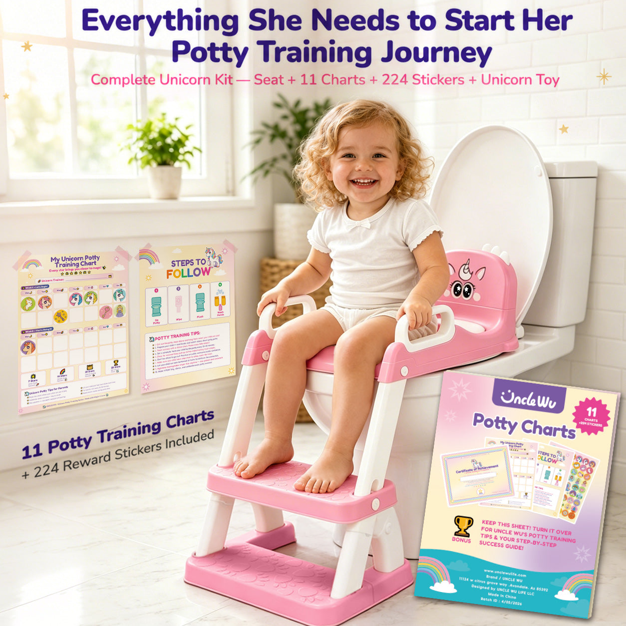 UNCLE WU Potty Training Seat with Ladder for Toddler Girls, Pink Unicorn Soft PU seat, splash guard, anti-slip ladder, 6 heights, ages 1-5, 224 stickers, 11 charts & toy