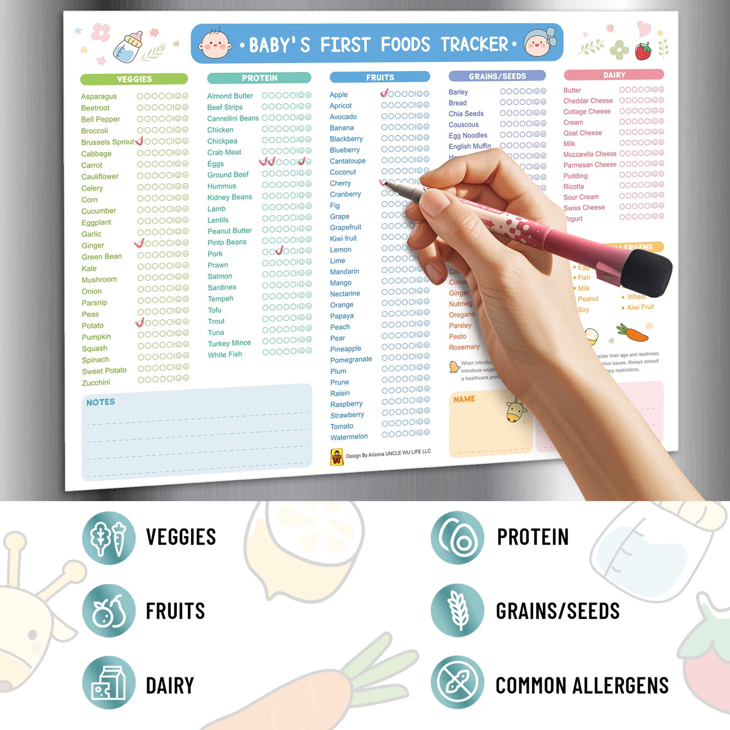 First Foods Tracker Fridge Magnet Dry Erase Daily Food Log and Activity Poster - Baby Food Chart/Checklist , Baby Feeding Essentials (10 x 14 inch)