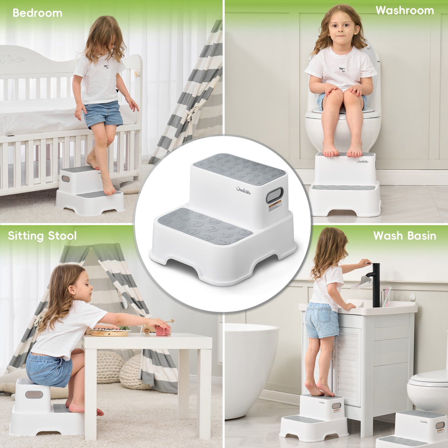 ÜNCLE WU 2 Pack Step Stool for Toddlers & Adults – Non-Slip Plastic Stool for Bathroom Sink, Potty Training,Kitchen & Toilet (Includes 2 Faucets, 2 Ducks, 3 Stickers)