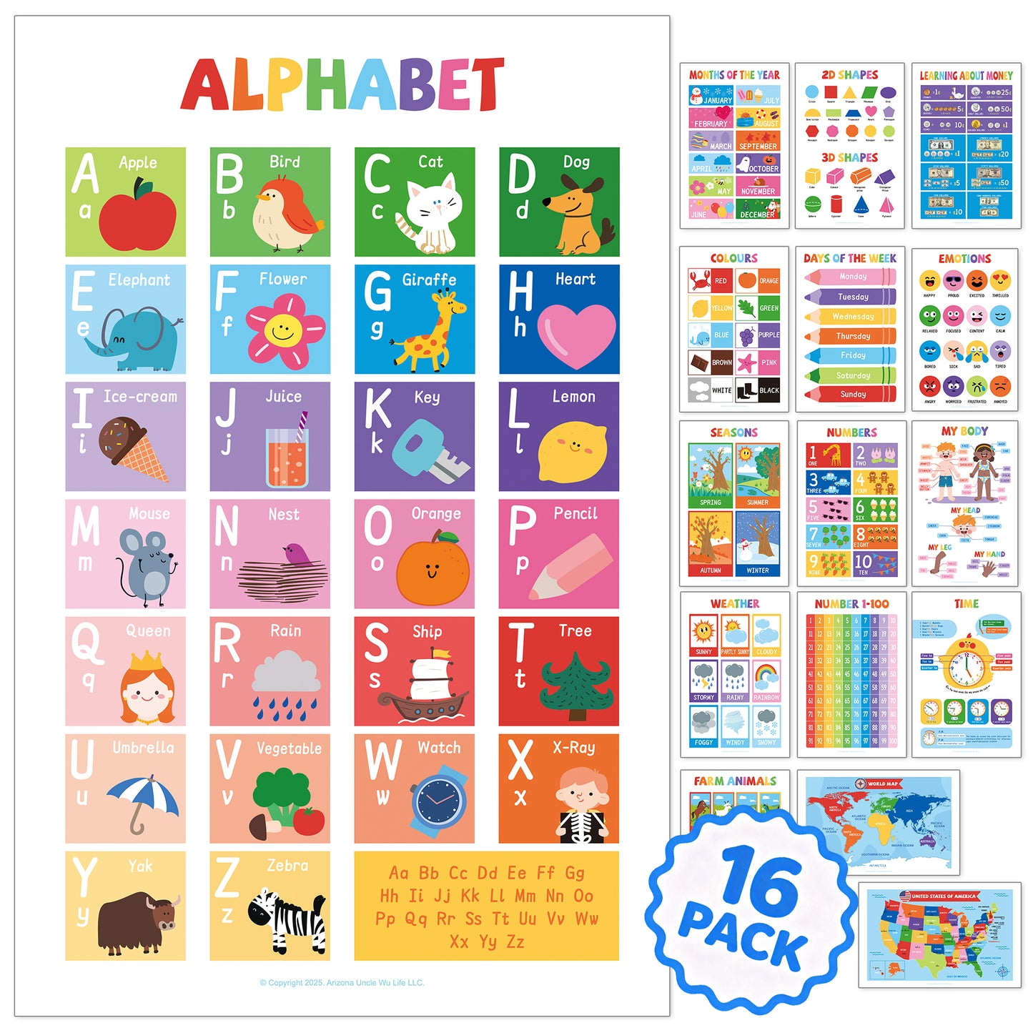 UNCLE WU 16 Laminated Educational Posters for Ages 2-6, Preschool Classroom learning charts cover ABC, numbers 1-100, shapes, colors, maps, homeschool, daycare, and kindergarten