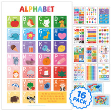 UNCLE WU 16 Laminated Educational Posters for Ages 2-6, Preschool Classroom learning charts cover ABC, numbers 1-100, shapes, colors, maps, homeschool, daycare, and kindergarten