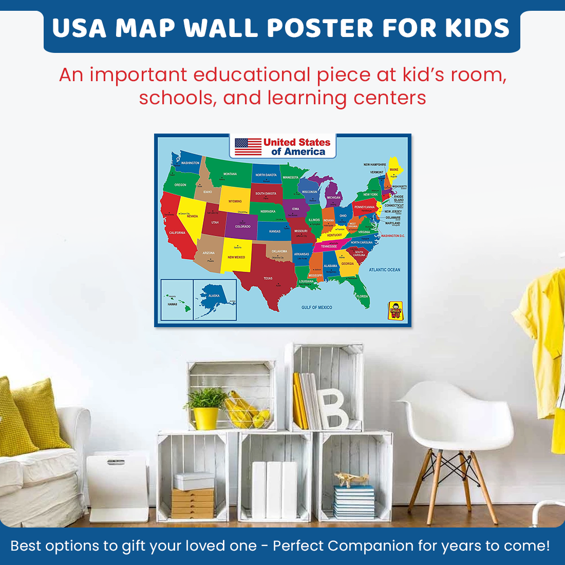  USA Map for Kids - Laminated - United States Wall