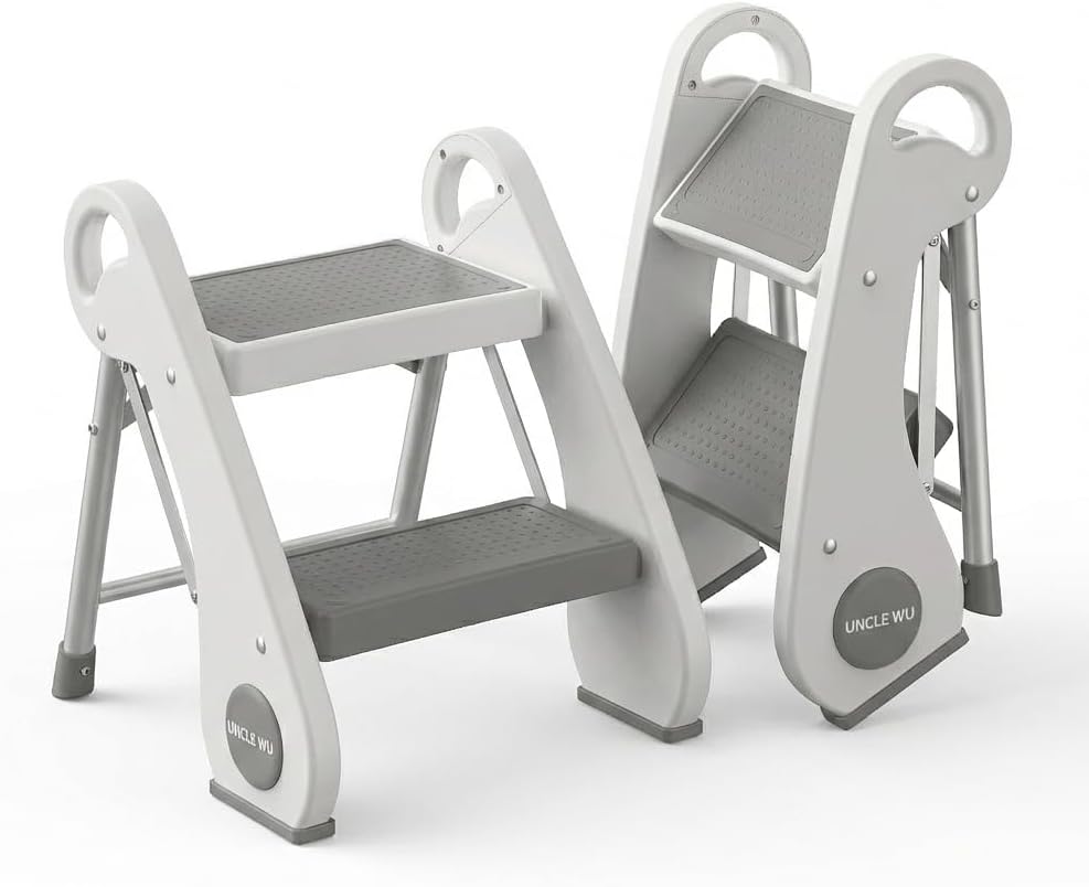 Foldable two-step stool shown open and folded